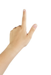 female teen left hand touch gesture, isolated on white background