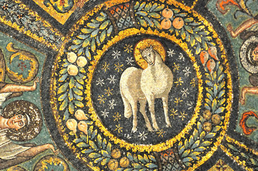 Ancient byzantine mosaic of the lamb of god