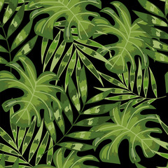 Tropical leaves, dense jungle. Seamless, hand painted, watercolor pattern.