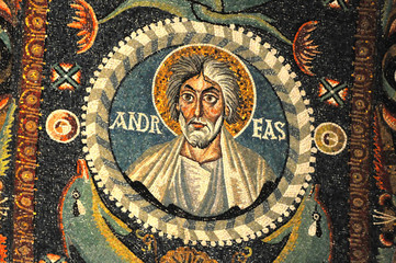 Ancient byzantine mosaic of St Andrew - obrazy, fototapety, plakaty