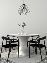 Iinterior composition of a dining table with four black chairs