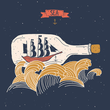 Sailing ship in the bottle, Hand drawn vector illustration for poster, greeting card, t-shirt