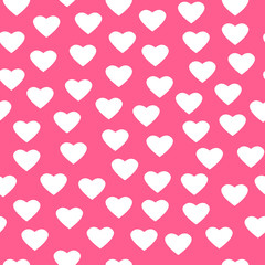 Vector illustrated seamless pattern of white hearts on pink background.