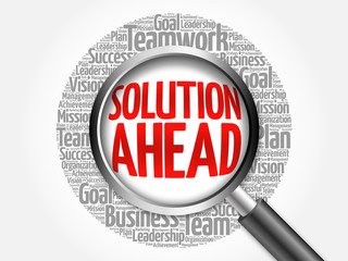 Solution ahead word cloud with magnifying glass, business concept