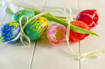 Easter eggs and tulips