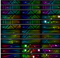 Glowing shapes on dark background. Vector set of black headers with light effects