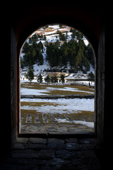 Winter landscape from inside the chapel at Nuria Valley