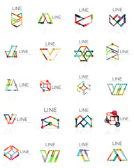 Set of linear abstract logos, connected multicolored segments lines in geometrical figures
