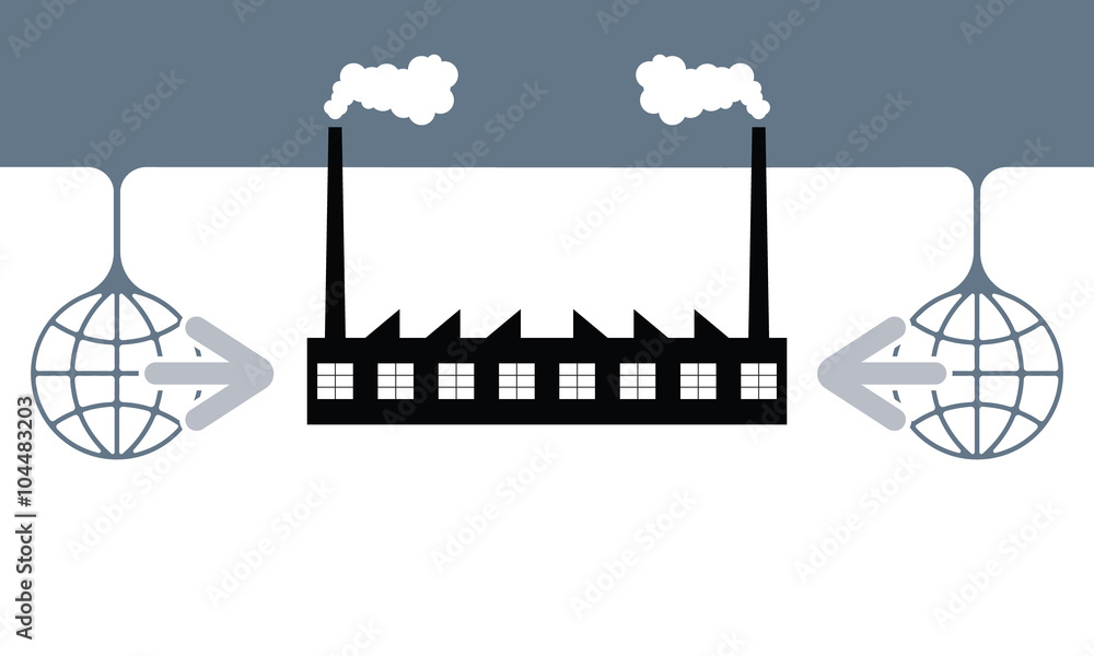 Poster two global symbols with arrows and factory icon