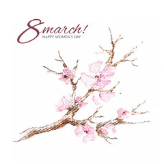Watercolor greeting card 8 March with flowering branch