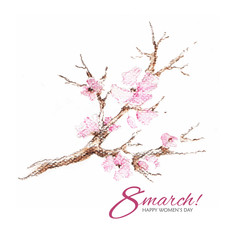 Watercolor greeting card 8 March with flowering branch