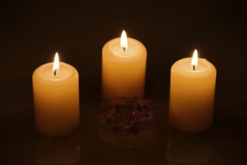 Fototapeta na wymiar Three burning candles with water reflection and a glass bowl of tiny purple flowers