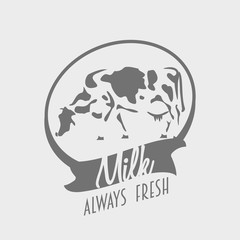 Logo or label template with black and white cow and text always fresh milk
