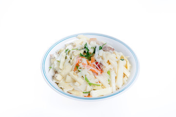 fried makino bamboo shoot(chinese food) in a plate isolated on white background
