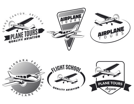Set of vintage airplane emblems, badges and icons.