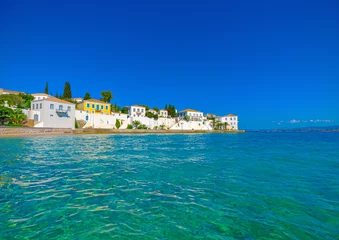 Blackout curtains Port in Spetses island in Greece