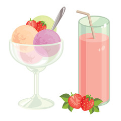 Vector illustration of strawberry cocktail isolated on white background. Ripe strawberry and strawberry slices. Ball of ice cream with strawberry and strawberry slice in glass cup 