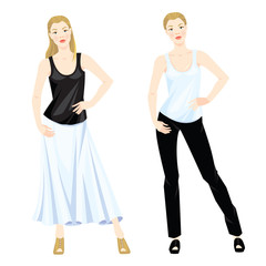 Vector illustration of different look with shirt. Woman in black pants, skirt and shirt on white background