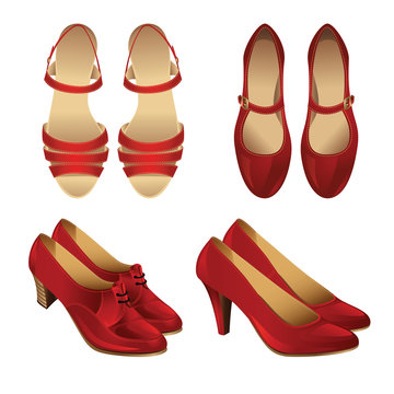 Set of various style red shoes isolated on white background. Sandal for woman. Court shoes. Shoes with ankle strap for spanish flamenco dance. Classic shoes with laces on middle heel.