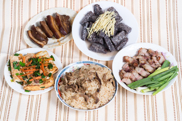 Fried tofu, black pudding, soy-stewed pork,Glutinous oil rice,salty pork(chinese food)