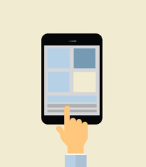 hand pointing on tablet computer display illustration, graphic