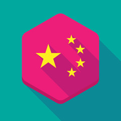 Long shadow hexagon icon with  the five stars china flag symbol