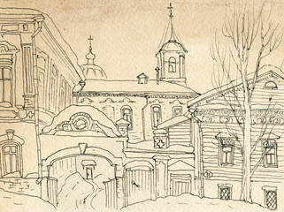 Street of the old town in the winter. The house and Church, architecture, sketch
