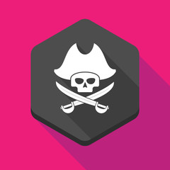 Long shadow hexagon icon with a pirate skull