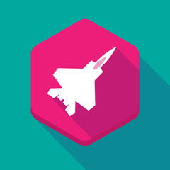 Long shadow hexagon icon with a combat plane