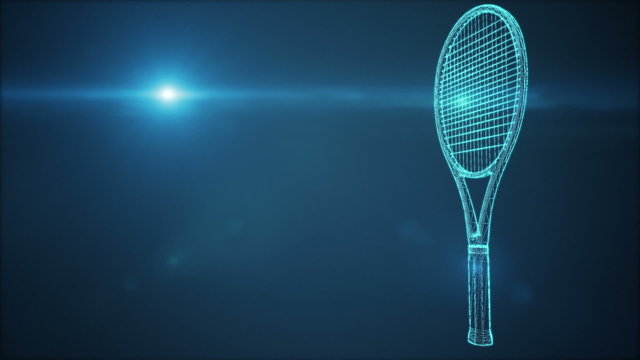 Abstract CGI motion graphics, animated background with wireframe xray turning tennis racket, loop