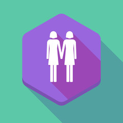 Long shadow hexagon icon with a lesbian couple pictogram