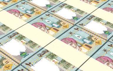 Omani rials bills stacked background. Computer generated 3D photo rendering.
