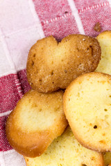 Crispy toast breads with cheese in macro view