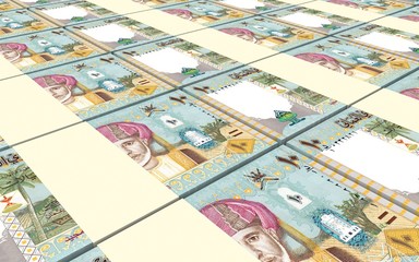 Omani rials bills stacked background. Computer generated 3D photo rendering.