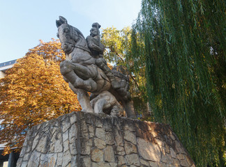Monument to Prince Svyatoslav on a horse carved out of stone. Ki