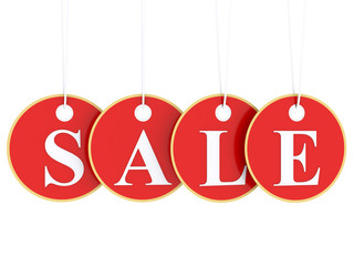 Sale tag on red hanging labels