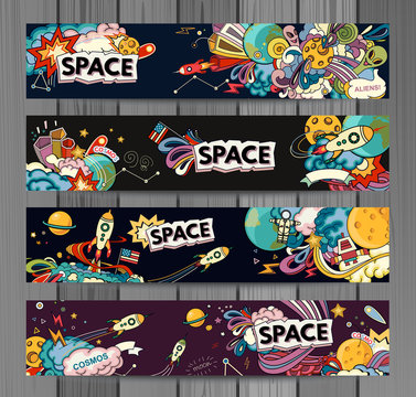 Cartoon vector illustration of space. Moon, planet, rocket, earth, cosmonaut, comet, universe. Classification, milky way. Hand drawn. Abstract