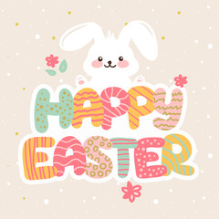 Vector Happy Easter greeting card design with funny cartoon letters and bunny