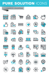 Modern thin line flat design icons set of online shopping, online payment and security, product delivery, customer support. Outline icon collection for web graphic.