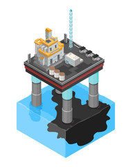Isometric vector illustration of oil leaking from an oil rig.
Man made disaster water contamination concept.