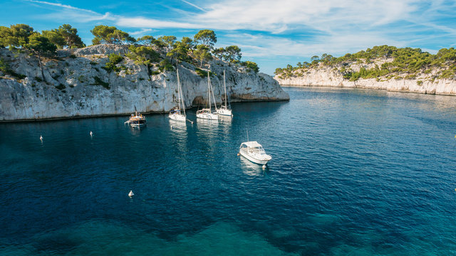 White Yachts Boats In Bay. Calanques In The Azure Coast Of Franc