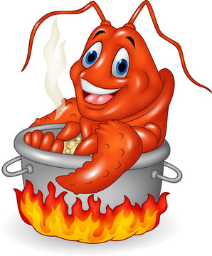 Cartoon funny lobster being cooked in a pan