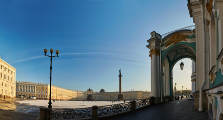 Russia, Saint-Petersburg, 1 march 2016: Palace Square in winter, Alexander Column, Winter Palace, the arch of the Main Staff, the Admiralty, at sunset, the designer Rossi triumphal chariot