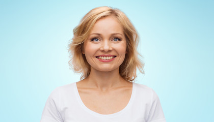 smiling woman in blank white t-shirt