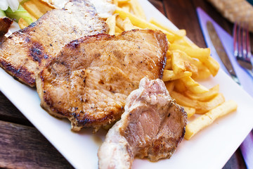 Grilled steak, French fries