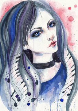 Watercolor portrait of a girl with notes and piano keys in her hair. Portrait of a girl who loves music
