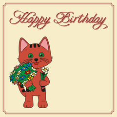 happy birthday card, funny kitten with bunch of flowers, handwritten text