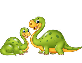 Happy mother with baby dinosaur posing isolated on white background