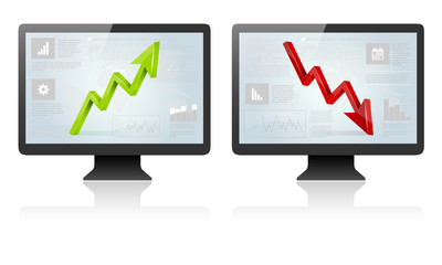 Computer screens with green and red 3D arrow