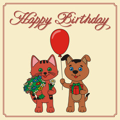 Fototapeta premium happy birthday card, funny puppy with balloons and kitten with bouquet of flowers, handwritten text